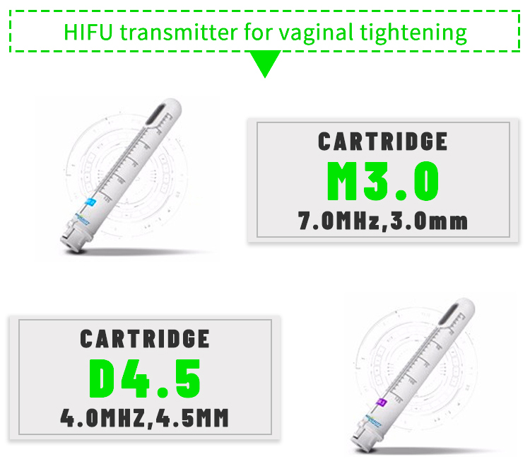 Vaginal Tightening HIFU Head: 4.5mm heads produce the energy directly to the SMAS , make it thermal coagulation , make the SMAS tighten and lifting, let the muscles improved the muscle structure from deep to shallow, make better to help the muscle layer restor elasticity and tighten. 3.0mm heads produce energy up to submucosal tissue accelerate cell activity and make the collegen regrowth and restructuring, increase mucous elasticity and meke vaginal muscle tighten. Face Lifting HIFU Head: 1. DS-4.5 4MHZ frequency used to transmit high- energy focused ultrasound to the skin, subcutaneous tissue, the ultrasound to penetrate the skin to a depth of 4.5mm, direct subcutaneous SMAS layer, forming &ldquo;heat coagulation&rdquo; regional, targeted to thicker skin, such as cheeks, etc. 2. DS-3.0 for transmitting high frequency of 8 MHZ focused ultrasound energy into the dermis layer of the skin tissue,the ultrasound to penetrate the skin to a depth of 3.0mm,is responsible for activating the skin&rsquo;s dermal layer of collagen,effectively enhance the effect of the consolidation of the outline,but also improve large pores and reduce the appearance of wrinkles. 3. DS-1.5 10MHZ frequency used to transmit high-energy focused ultrasound to the epidermis tissue,the ultrasound to penetrate the skin to a depth of 1.5mm,is responsible for activating the skin epidermis in thinner tissue.